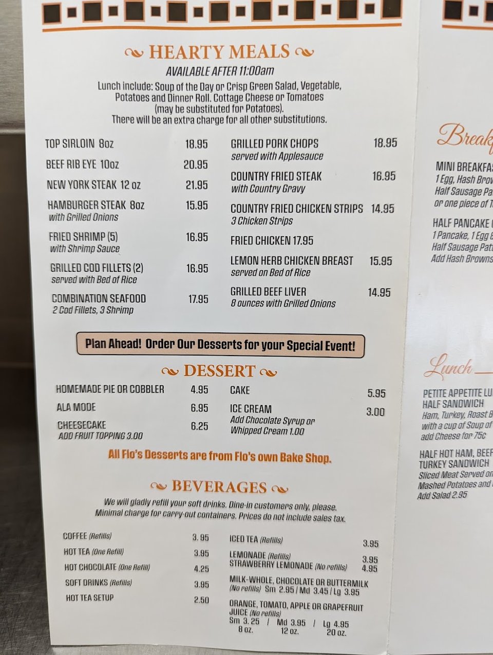 Dessert selections beside coffee and comfort food.