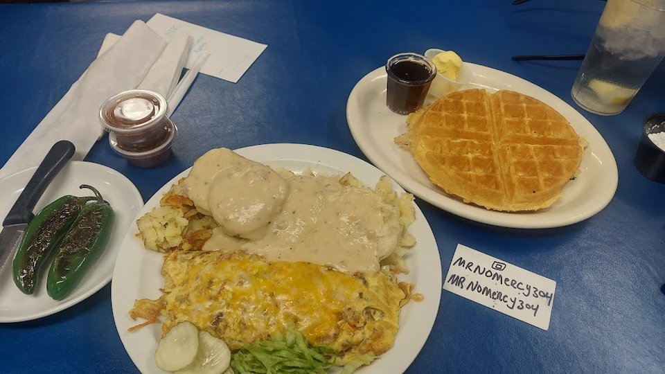 Cheeseburger Omelet & Biscuits and Gravy